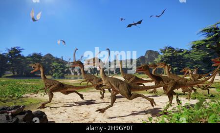 Compsognathus longipes, Gruppe kleiner Dinosaurier mit einem Schwarm von Pterosaur und einer Herde von Brachiosaurus im Hintergrund Stockfoto