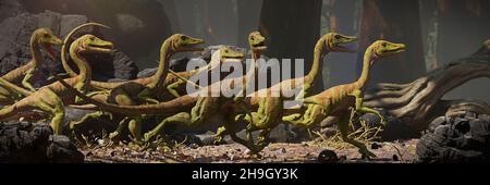 Compsognathus longipes im Wald, Gruppe von Dinosauriern aus der späten Jurazeit Stockfoto