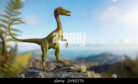 Compsognathus longipes, kleine Dinosaurierarten aus der späten Jurazeit, Hintergrund Stockfoto