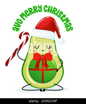 AVO Merry Christmas - Avocado Charakter mit Weihnachtsmütze und Weihnachtskugel. Illustration zum frohen neuen Jahr. Handgefertigter Lettering-Druck. Gut für Drucke auf t Stock Vektor