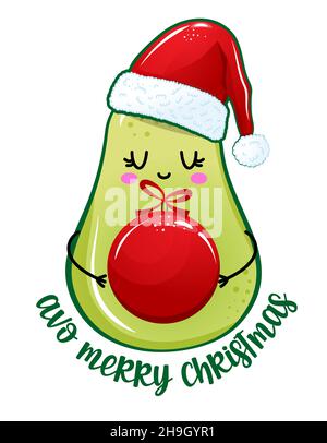 AVO fröhliche Avocado-Figur mit weihnachtsmütze und Weihnachtskugel. Illustration zum frohen neuen Jahr. Handgefertigter Lettering-Druck. Gut für Drucke auf T-Shirt und B Stock Vektor