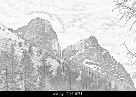Illustration mit Holzkohlentechnik des Mount Pelmo bei winterlichen Bedingungen Stockfoto
