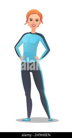 Frau im Trainingsanzug. Mädchen machte sich bereit für sportliche Aktivitäten. Fröhliche Person. Stehende Pose. Flaches Design im Comic-Stil. Ein Zeichen Stock Vektor