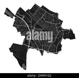 Utrecht-Karte. Detaillierte Vektorkarte des Verwaltungsgebiets der Stadt Utrecht. Blick auf das Stadtbild mit Postern und die Arie der Metropole. Schwarzes Land mit weißen Straßen, Straßen und Stock Vektor