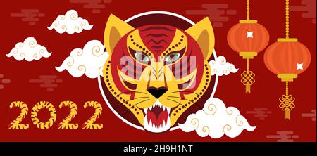 2022. Jahr des Tigers. Modernes Plakat für das neue Jahr nach dem ostchinesischen Kalender mit Tigern und tropischen Blättern. Vektor Stock Vektor