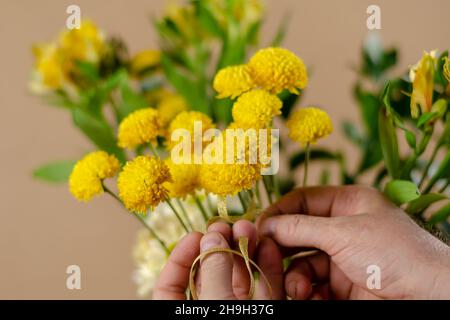 Bouquet von gelben Chrysanthemen und Lilien. Die Hände eines Mannes binden ein goldenes Band auf die schönen zarten Blumen. Floristik. Nahaufnahme. Selektiver Fokus Stockfoto