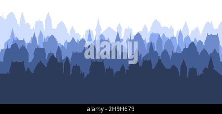 Kleine Stadt Straßen Silhouette. Dächer von Häusern. Landschaft auf dem Land. Flacher Cartoon-Stil. Nahtlose Illustration. Isoliert auf weißem Hintergrund. Vektorgrafiken Stock Vektor