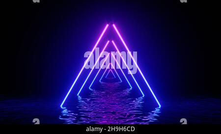 Leuchtendes Neon-Dreieck mit Reflexionen in der Wasseroberfläche. Abstrakter Hintergrund, Wellen, ultraviolett, Spektrum lebendige Farben, Laser-Show. 3D Render illus Stockfoto