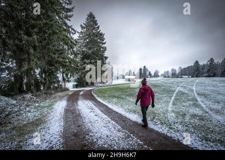 Frau, die in einer Landschaft in den Allgauer Alpen im frühen Winter mit ersten Schneefall, Allgauer Alpen, Deutschland, Bayern Stockfoto