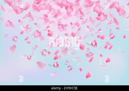 Natur horizontaler Hintergrund.Rosa fallende Sakura Blütenblätter und Blumen. Stock Vektor
