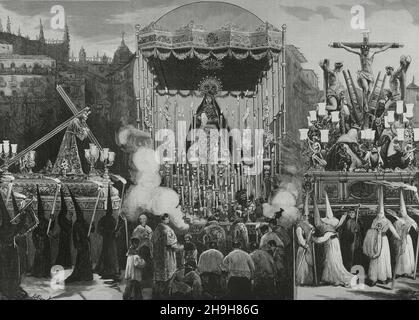 Spanien, Andalusien. Karwoche in Sevilla. Religiöse Schritte von „Jesús Nazareno“ (Jesus der Nazarener), „Nuestra Señora de la O“ (Unsere Liebe Frau vom O) und „Santisimo Cristo de la Salud“ (Heiliger Christus der Gesundheit) bei den Karfreitagsprozessionen. Illustration von Juan Comba. Gravur von Vela. La Ilustración Española y Americana, 1882. Stockfoto