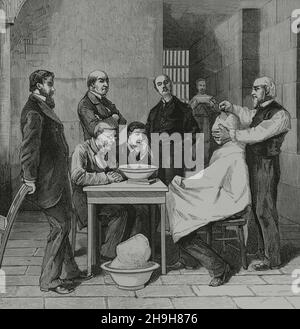 Usa, Washington. Gefängnis von Charles Julius Guiteau (1841-1882), Attentäter auf den Präsidenten James A. Garfield, am 2. Juli 1881. Der Bildhauer Clark Mills (1810-1883), der einen Gipsabguss des Chefs der Strafverfolgten machte, der zum Erhängen verurteilt wurde. Gravur. La Ilustración Española y Americana, 1882. Stockfoto