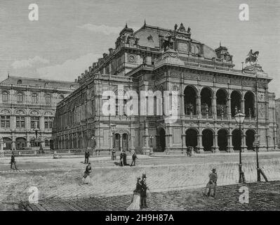 Österreich, Wien. Kaiserliches Opernhaus. Hauptfassade. Gravur. La Ilustración Española y Americana, 1882. Stockfoto