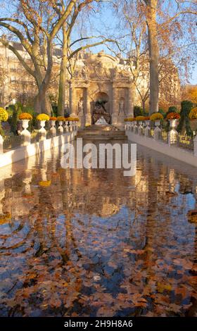 Gefallene Blätter im Medici-Brunnen im Jardin du Luxembourg, Paris, Frankreich Stockfoto