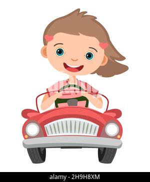 Kid Girl fährt ein Auto. Rotes Kinderauto. Spielzeugfahrzeug. Mit einem Motor. Schönes Beifahrerauto. Pedal oder elektrisch. Isoliert auf weißem Hintergrund Stock Vektor