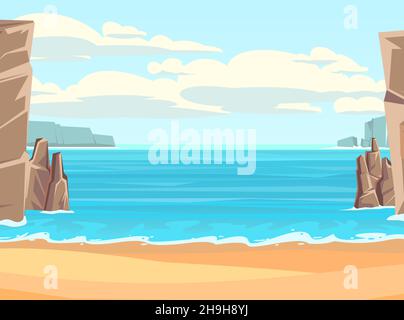 Strand am Meer. Sommerlandschaft. Weit weg ist der Ozeanhorizont. Surfen Sie an den Wellen und Klippen der Küste. Ruhiges Wetter. Flache Illustration. Vektor. Stock Vektor