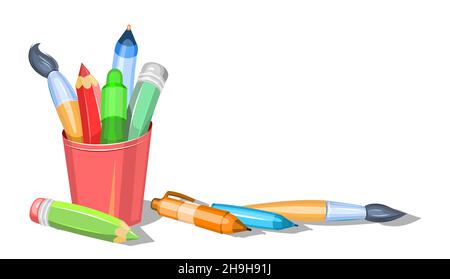 Schreibwaren aus Glas. Werkzeuge für künstlerische Kreativität und Zeichnen. Kinder im Cartoon-Stil. Pinsel und Stifte. Isoliert auf weißem Hintergrund. Vektor. Stock Vektor