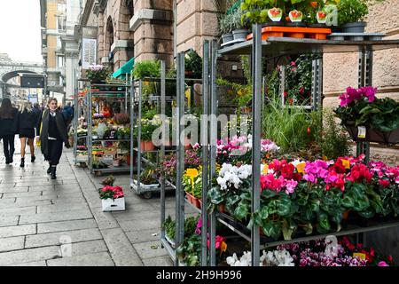 Außenansicht des Orientalischen Marktes in der Via XX Settembre, einer der Hauptstraßen von Genua, mit den Pflanzen eines Blumenladens auf dem Bürgersteig, Italien Stockfoto