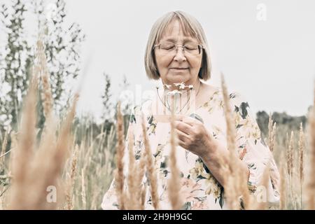 Porträt einer älteren Frau mit einem Blumenstrauß, der nach Gänseblümchen riecht. Herbst. Stockfoto