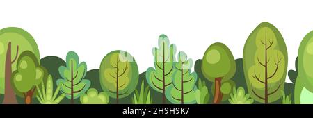 Flacher Wald. Horizontale nahtlose Komposition. Cartoon-Stil. Lustige grüne ländliche Landschaft. Level das Spiel. Komisches Hintergrunddesign. Nette Szene mit Stock Vektor