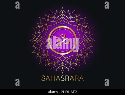 Vorlage für das siebte Chakra Sahasrara-Logo. Crown Chakra Symbol, Purple goldene sakrale Zeichen Meditation, Yoga rund Mandala Symbol. Gold Symbol Om Zeichen Stock Vektor