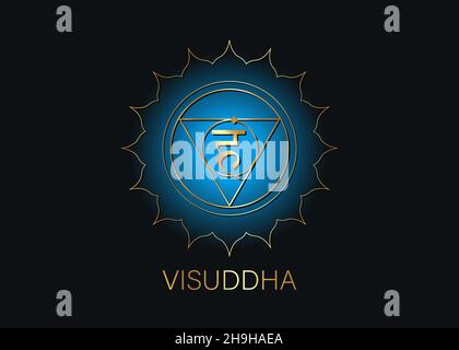 Fünftes Kehlkopfchakra visuddha mit dem Hindu-Sanskrit-Samenmantra VAM. Blaues und goldenes flaches Designsymbol für Meditation, Yoga. Round Logo-Vorlage Stock Vektor