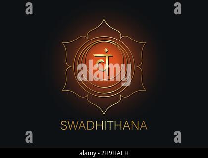 Zweites Swadhisthana-Chakra mit dem Hindu-Sanskrit-Samenmantra VAM. Orange und Gold flaches Design-Stil Symbol für Meditation, Yoga. Logo-Vorlage Vect Stock Vektor