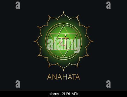Anahata Viertes Chakra mit dem Hindu-Sanskrit-Samenmantra VAM. Grün ist ein flaches Design-Symbol für Meditation, Yoga. Gold Logo Vorlage Vektor Stock Vektor