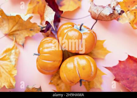 Stillleben im Herbst . Gefallene Ahornblätter und orangefarbene Kürbisse. Herbsternte Stockfoto