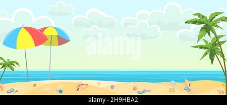 Strand am Meer. Sommerlandschaft. Weit weg ist der Ozeanhorizont. Muscheln, Sand und Sonnenschirme. Ruhiges Wetter. Flache Illustration. Vektor. Stock Vektor