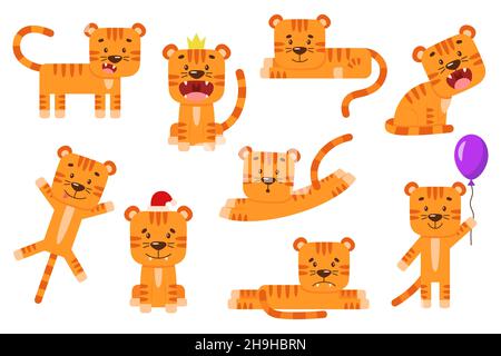 Set von kleinen Cartoon-Tigern in verschiedenen Posen und Szenen. Niedliches wildes Tier im flachen Stil. Symbol des chinesischen Neujahrs. Einfache Illustration Stock Vektor