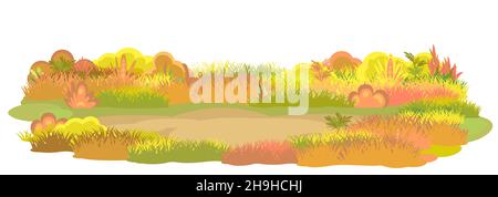 Wiese. Herbstwiese. Nahaufnahme des Grases. Ort. Ländliche schöne Landschaft. Wilder ungeschnittener Rasen. Cartoon-Stil. Flaches Design. Isoliert auf Weiß Stock Vektor