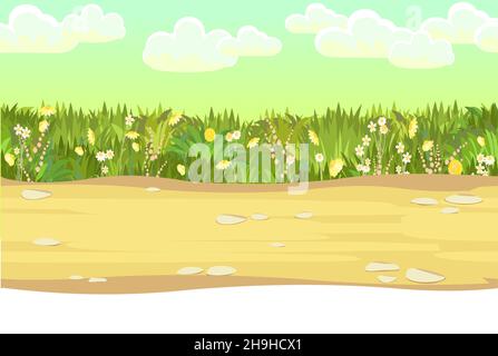 Nahtlose sandige Straße. Horizontale Rahmenzusammensetzung. Sommerwiesenlandschaft. Saftiges Gras. Ländliche, rustikale Landschaft. Cartoon-Design. Flache Kunst Stock Vektor