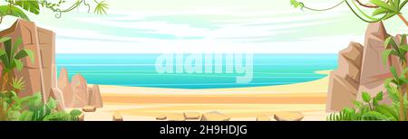 Strand am Meer. Sommerlandschaft. Weit weg ist der Ozeanhorizont. Ruhiges Wetter. Muscheln und Klippen. Dschungelrebe. Flache Illustration. Vektor. Stock Vektor