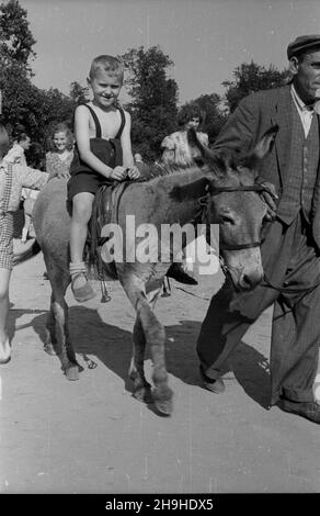 Warszawa, 1948-07-22. Narodowe Œwiêto Odrodzenia Polski, obchodzone 22 lipca na pami¹tkê podpisania w 1944 r. Manifestu Polskiego Komitetu Wyzwolenia Narodowego (PKWN). Uroczystoœciom towarzyszy³o wiele imprez dla dzieci i doros³ych, centralnym punktem zabaw by³ Park Ujazdowski. NZ. Przeja¿d¿ka na osio³ku po parku. mw PAP/Stanis³aw D¹browiecki Warschau, 22. Juli 1948. Am 22. Juli, dem Tag der Unterzeichnung des Manifests des Polnischen Komitees für nationale Befreiung (PKWN), wurde der Nationalfeiertag zur Wiedergeburt des polnischen Staates begangen. Die Zeremonien wurden von zahlreichen Veranstaltungen für Chil begleitet Stockfoto