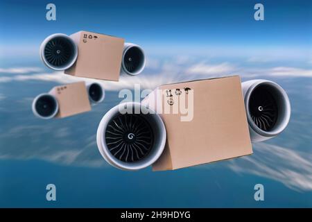 Super schnelle Lieferung von Waren ist in den Himmel fliegen. Turbinenkarton, Zukunftskonzept. Verpackungskarton mit Turbine, Zukunftskonzept. Fracht Stockfoto