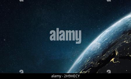 Oberfläche des Erdplaneten im tiefen Weltraum. Hintergrund für den äußeren dunklen Raum. Nacht auf dem Planeten mit Stadtlichtern. Blick vom Orbit. Erde in der Nacht. Civilizatio Stockfoto