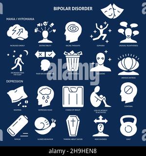 Symbol für Symptome einer bipolaren Störung in flacher Form. Sammlung von Symbolen für psychische Erkrankungen. Vektorgrafik. Stock Vektor