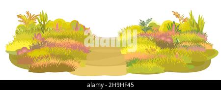 Straße zur Wiese. Herbstwiese. Nahaufnahme des Grases. Ländliche schöne Landschaft. Wilder ungeschnittener Rasen. Trail. Cartoon-Stil. Flaches Design. Abbildung Stock Vektor