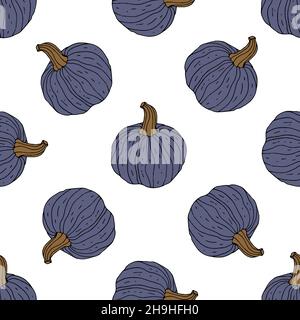 Nahtloses Muster mit handgezeichneten blauen Kürbissen. Stock Vektor
