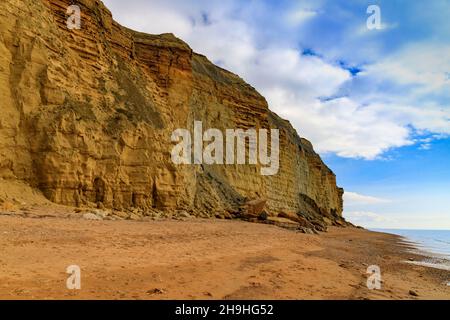 Einer der häufigen Kollaps des instabilen und gefährlichen Burton-Sandstein-Kliffs an der Jurassic Coast bei Burton Bradstock, Dorset, England, Großbritannien Stockfoto