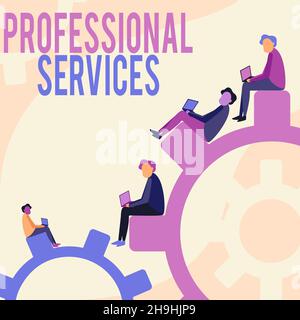 Handschrift Text Professional Services. Konzeptuelles Foto Angebot wissensbasierte Hilfe einige erfordern lizenzierte vier Teamkollegen, die Sitzräder zeichnen Stockfoto