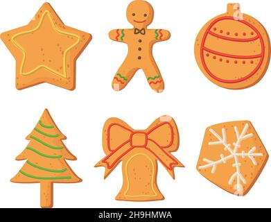 Set von weihnachten hausgemachten Lebkuchen dekoriert Sahnehäubchen in realistischen Cartoon-Stil Stock Vektor