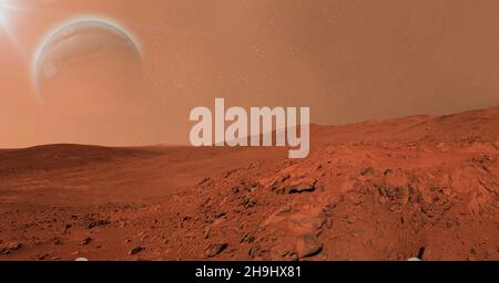 Landschaft auf dem Planeten Mars, szenische Wüstenszene auf dem roten Planeten.3D Illustration.Roter Planet. Mars Oberfläche Staub Atmosphäre.Erde-wie Planet.Erde-Typ Stockfoto