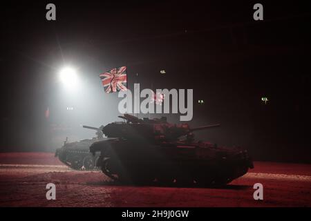 Eine motorisierte Hommage an die Helden der Schlacht der Falklands mit Skorpionpanzern bei den Proben für das British Military Tournament am Earls Court in London Stockfoto
