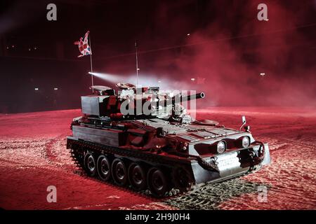 Eine motorisierte Hommage an die Helden der Schlacht der Falklands mit Skorpionpanzern bei den Proben für das British Military Tournament am Earls Court in London Stockfoto