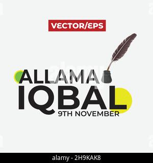 Happy Iqbal Day, 9th. November. Allama Muhammad Iqbal Logo-Design in englischer Typografie mit gelben und grünen Kreisen Stock Vektor