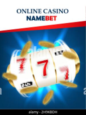 Golden Spielautomat gewinnt den Jackpot 777 auf dem Hintergrund einer Explosion von Münzen. Stock Vektor