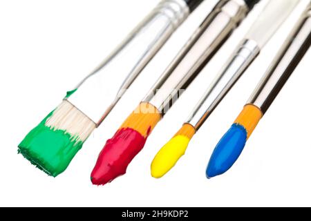 Pinsel, Farbe, rot, blau, grün, Weiß, Tropfen, Farben, Hintergrund, groß, Haarbürste, bunt, Farbe, gelb, viele, Isoliert, dick, optional, kreativ Stockfoto