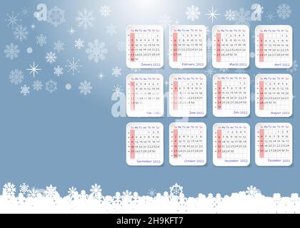 2022 Tischkalender in einer verschneiten Winterlandschaft. Die Woche beginnt am Sonntag. Stock Vektor
